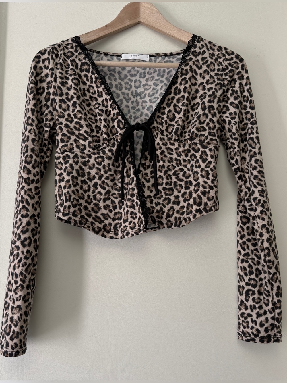 Leopard Tie-Front Long Sleeve Crop Top - Beige/Black